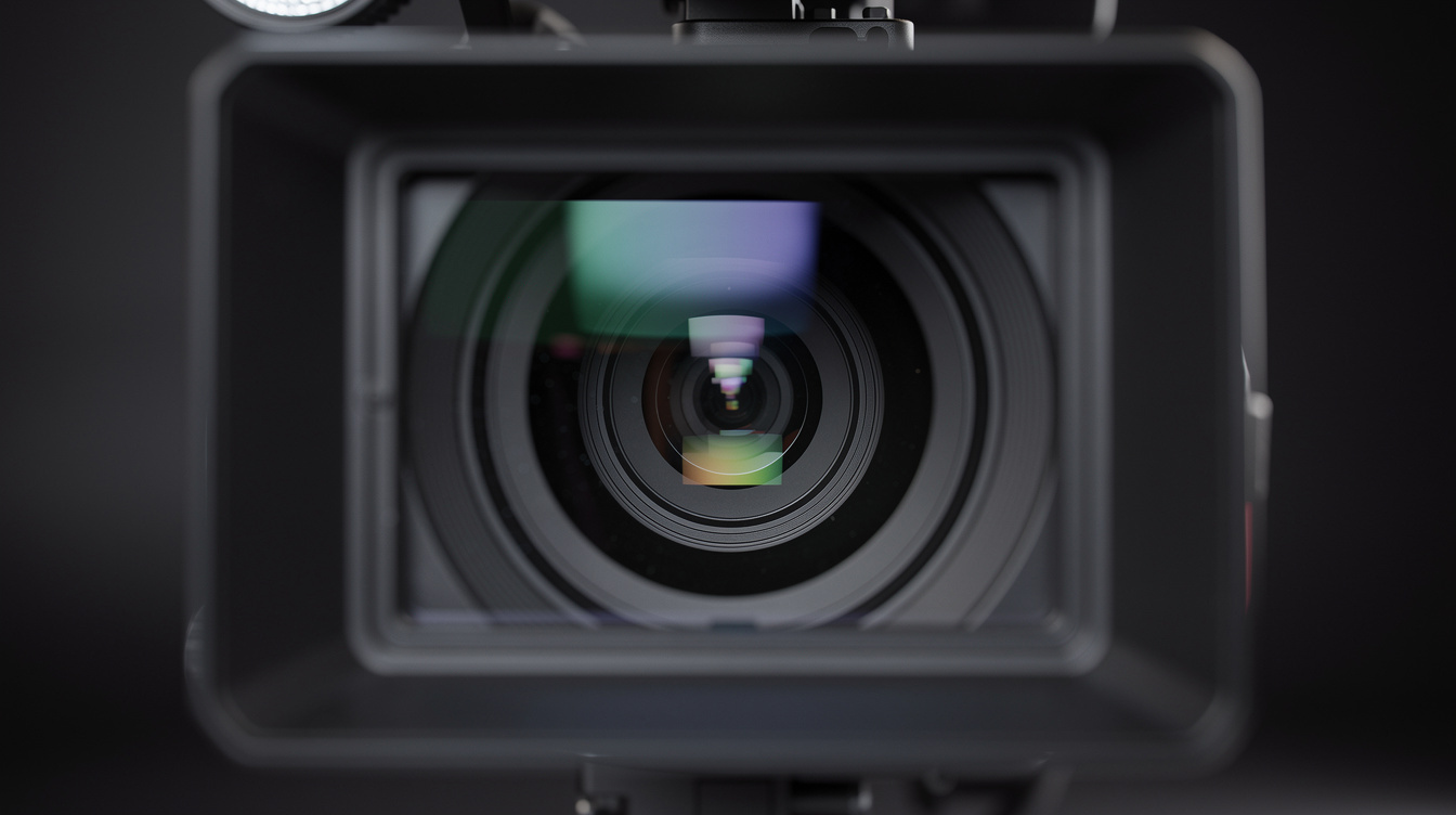 Close-up of a professional video camera lens