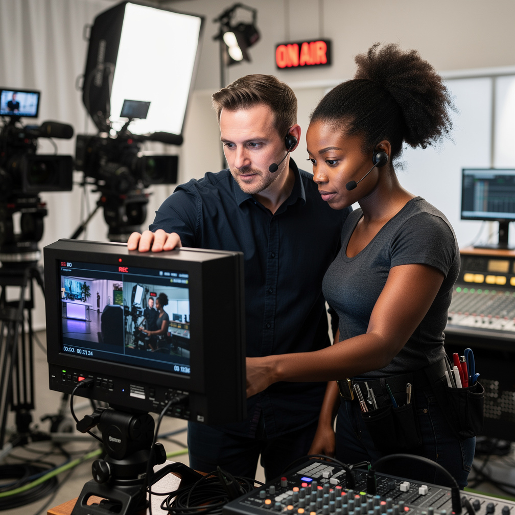 Two camera operators reviewing footage on a monitor