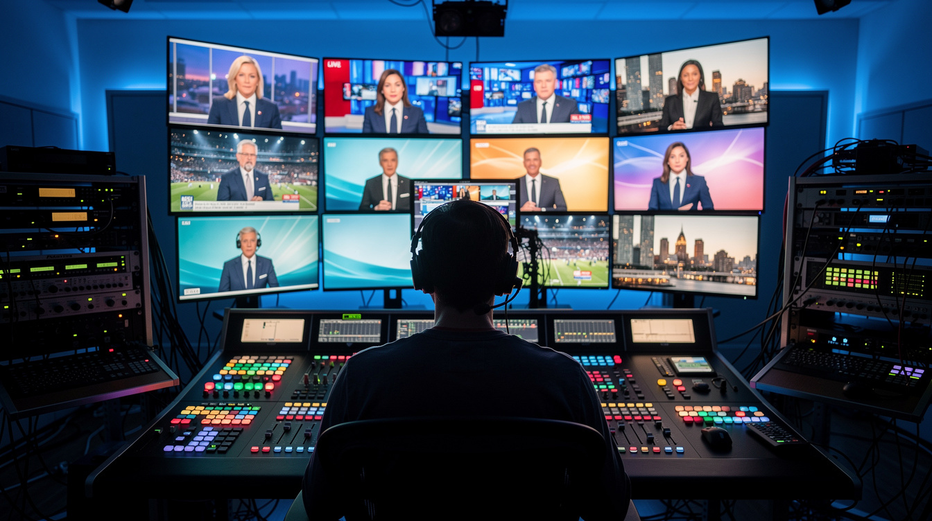 Broadcast control room with screens and switchers