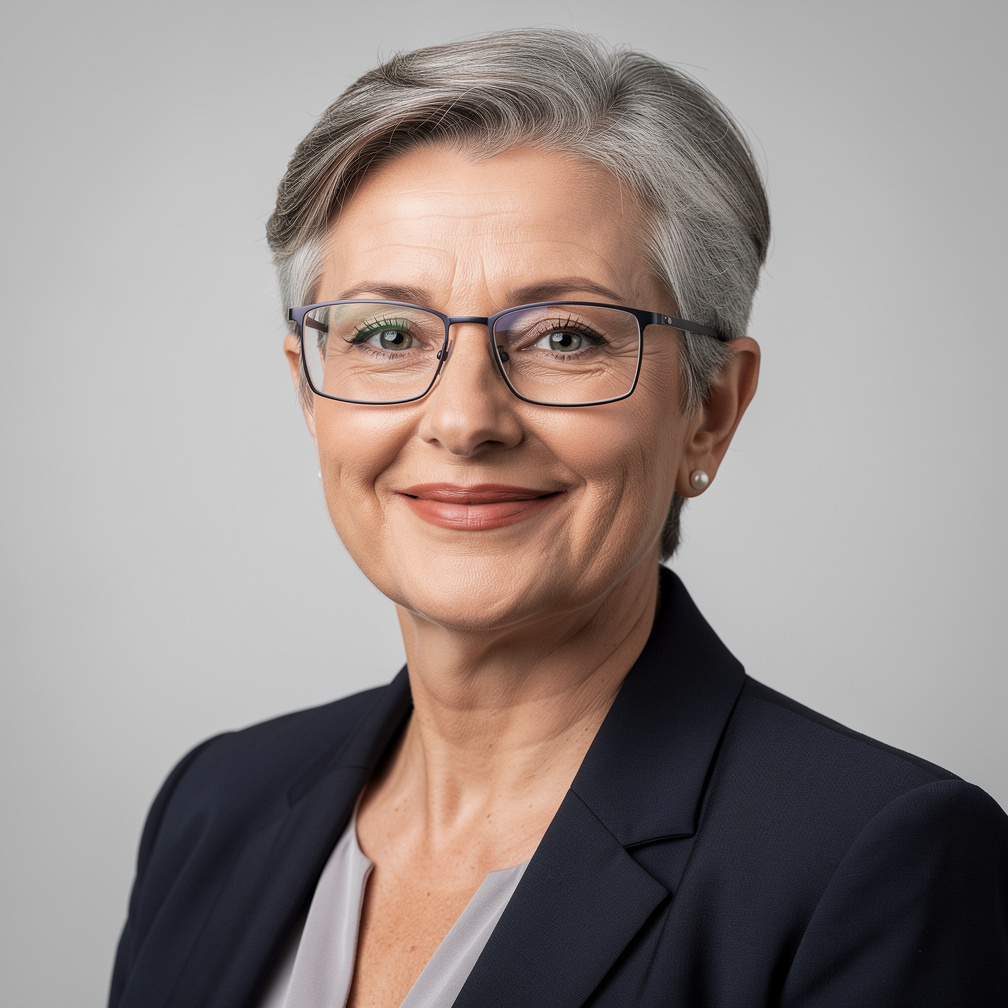 Studio portrait of an older woman with glasses